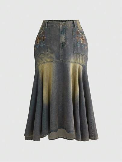 ROMWE Hippie Váy ngắn denim dáng đuôi cá ôm sát, cỡ lớn, thêu hoa kiểu Bohemian, chất liệu denim wash cổ điển.