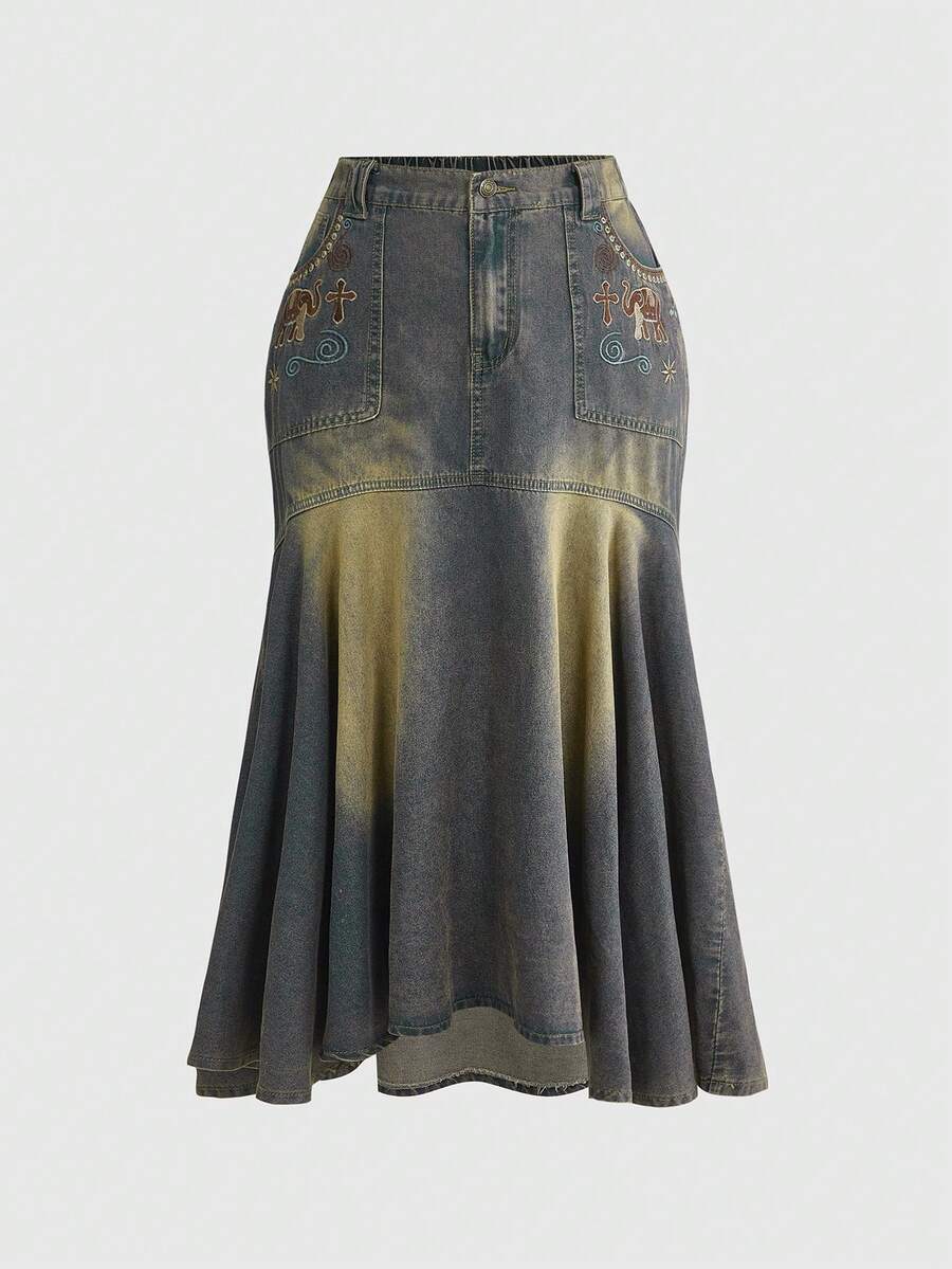ROMWE Hippie Bohemian Floral Embroidered Plus Size Vintage Washed Bodycon Mermaid Denim Mini Skirt - Blue - View 1