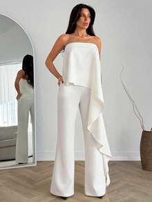 EURMUSE 女士白色无肩带不对称荷叶边上衣和高腰阔腿裤套装 – 优雅夏季两件套，双层聚酯纤维，正式场合着装 - 白色 - 查看 7