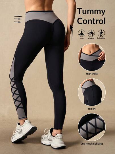 VARSIVA Chic Autumn. Street Casual Chic. Cool Wear Collection , Black And Gray Color-Blocked Ballet-Style Athletic Leggings With Crisscross Leg Straps. Made Of Comfortable, Form-Fitting Fabric, Suitable For Professional Fitness Activities, Pilates, Yoga, And Everyday Wear