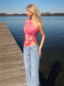 Sydney Algeri Débardeur d'été asymétrique élégant, coupe slim, en tissu mesh imprimé avec effet tie-dye aléatoire et froncé - Multicolore - Voir 4