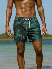 Palasendo Herrshorts med kontrastfärg, resår i midjan och dragsko, casual, heltäckande tryck, sommarstrandshorts (oregelbundet tryck) - Multifärgad - Visa 6