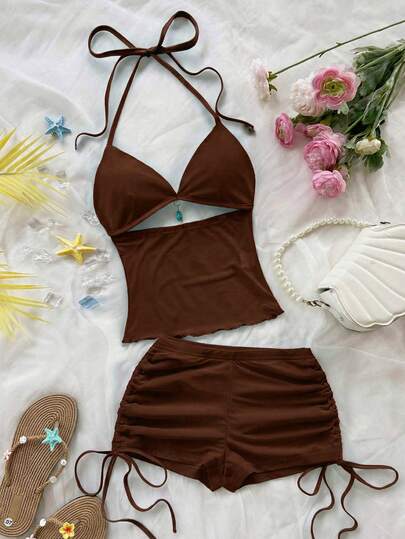 Soleia Women's Vintage Vacation V-Neck Halter Backless Tie-Up Fitted Contrast Color Top And Low Waist Ruched Drawstring Shorts 2 Piece Set, Suitable For Party, Christmas, Date, Nightclub, Beach, Cruise, Afternoon Tea, Bohemian, Boho, Vacation, Fall