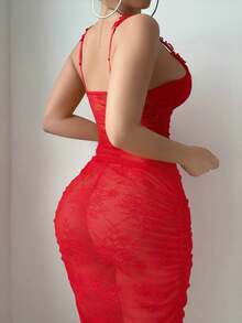 Set de 2 piezas de lencería con vestido de encaje con volantes y tanga para fiesta de vacaciones - Rojo - Ver 2