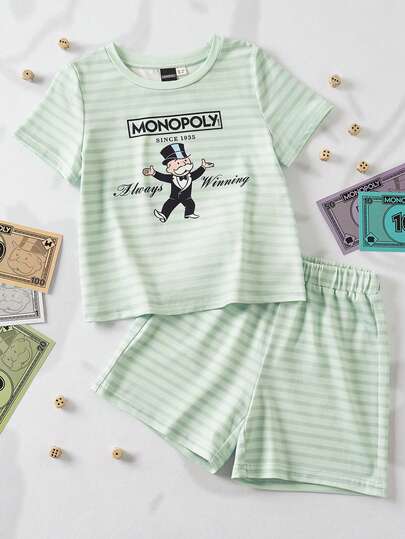 MONOPOLY X SHEIN Young Girl Striped Short Sleeve T-Shirt And Shorts Pajama Set, MONOPOLY