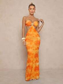 Lumalex Printed Tie-Up Waist Backless Dress For Women - Orange - View 4