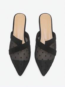 秋冬波点透视网眼平底穆勒鞋 - 黑色 - 查看 2