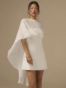 COSMINA 2 piezas/Set Vestido mini de satén con corte sesgo y capa chal para mujer, vestido de cóctel de unicolor para boda, fiesta, evento, vacaciones, blanco - Blanco - Ver 5