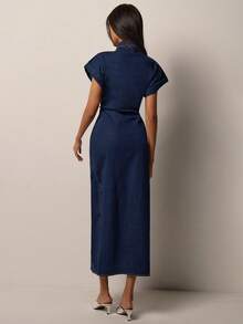COSMINA Women's Denim Short Sleeve Roll-Up Sleeve Shirt Dress, Waist Cinched Mid-Length Casual Elegant Commuter Denim Dress - Navy Blue - View 2