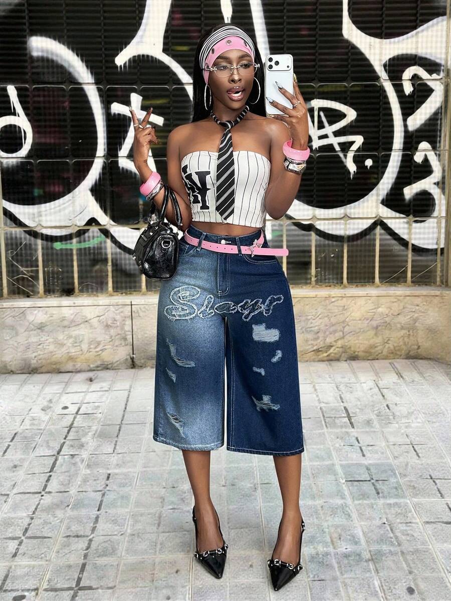 Slaydiva Women's Light Blue Summer Streetwear City Break Wide Leg Jeans Frayed Letter Graphic Patchwork Y2k Low Rise Denim Jeans Casual Fashion - Blue - View 1