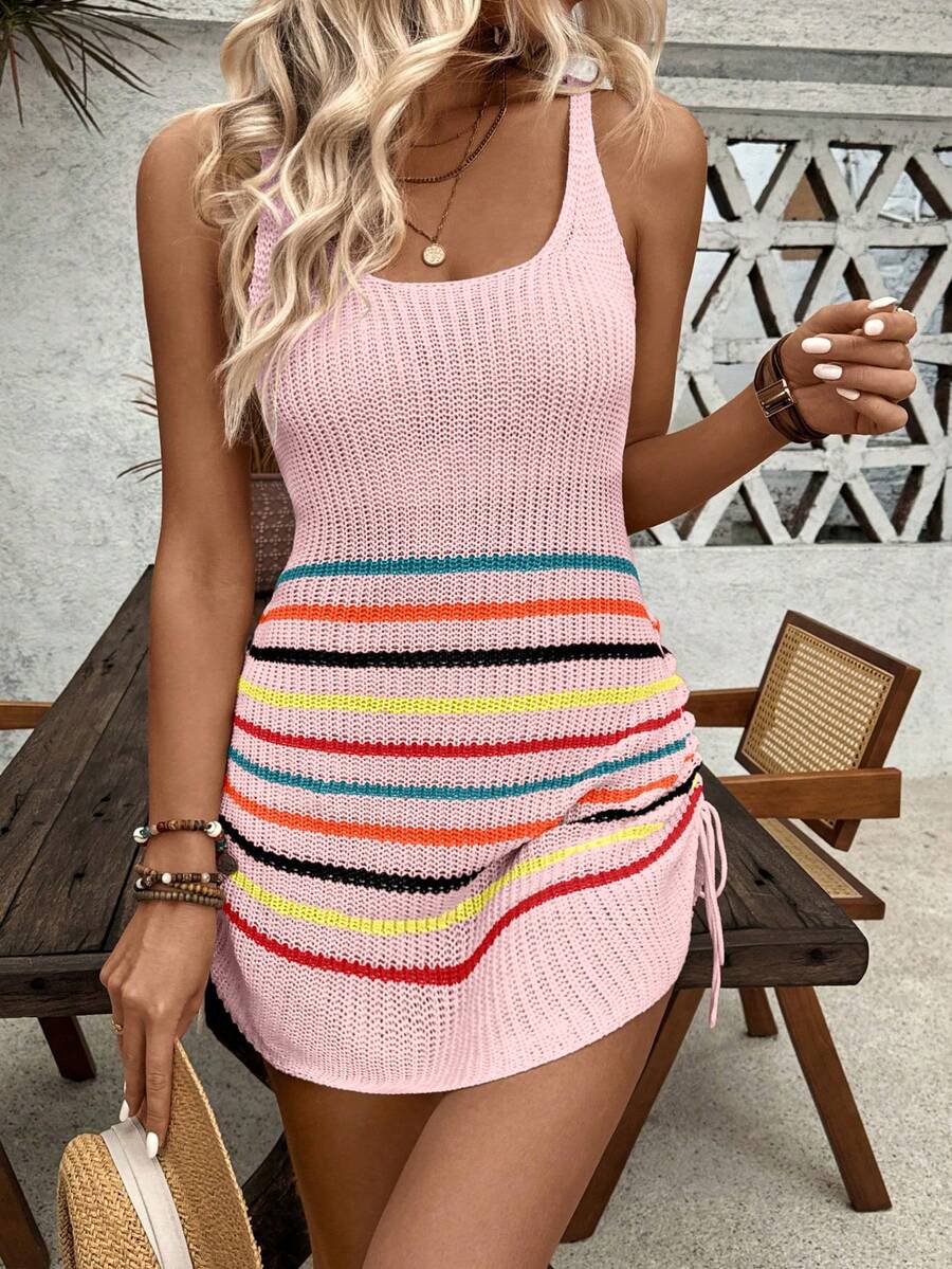 SHEIN LUNE Women's Striped Side Drawstring Sleeveless Knit Dress - Pink - View 1