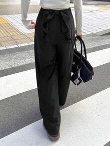 FRIFUL Quần ống rộng dáng suông màu trơn có nơ dành cho nữ - màu đen - Xem 4