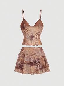 SHEIN MOD 女士豹纹蕾丝吊带背心和荷叶边迷你裙两件套，约会时尚套装 - 彩色 - 查看 4