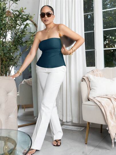 Melissa Matos 女士纯色荷叶边下摆抹胸无肩带上衣