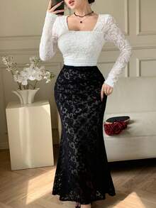 DAZY Đầm dài dự tiệc thanh lịch dành cho nữ, phối ren, thắt eo. - Đen và trắng - Xem 7