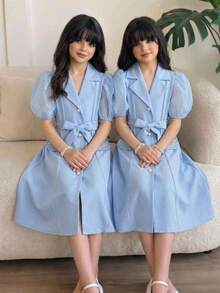 SHEIN Tween Girl Spring/Summer Collared Button-Up Long Cardigan Dress With Pearl Decor Sash - Blue - View 6