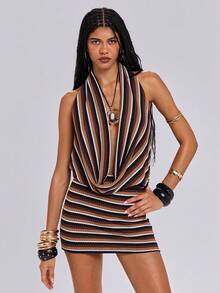 ROMWE Spring/Summer Y2K Sexy Vacation Knit Striped Hollow Deep Draped Neck Halter Dress - Brown - View 3