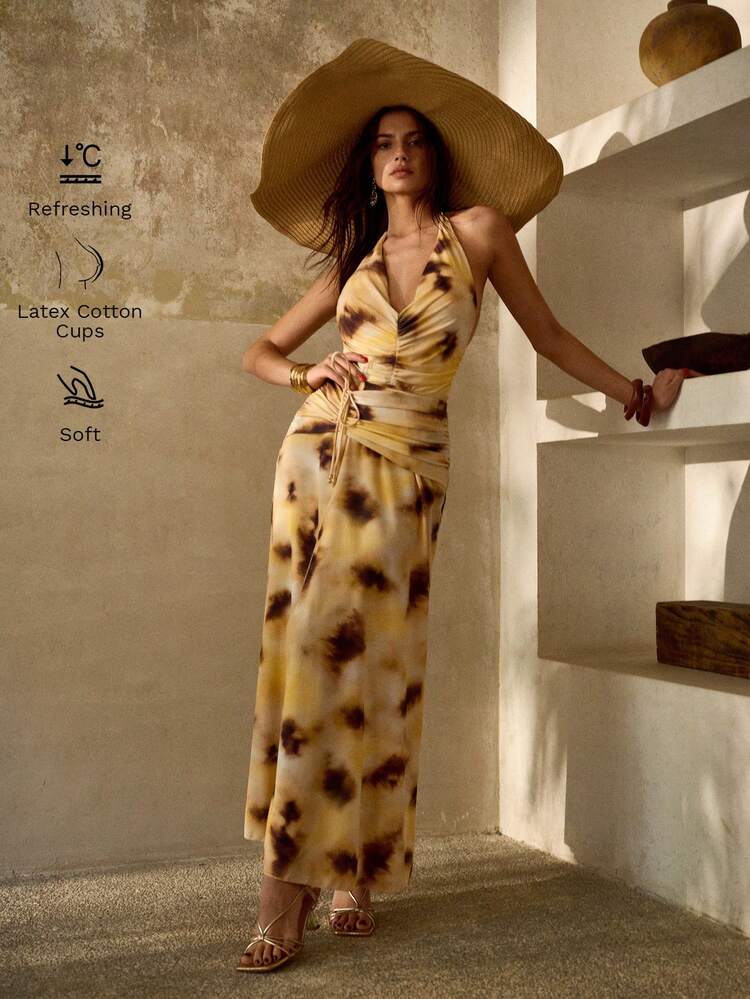 ELEGANT ROMANTIC COLORFUL TIE DYE WATERCOLOR PRINT RUCHED DEEP V HALTER ONE-PIECE SWIMSUIT FOR VACATION