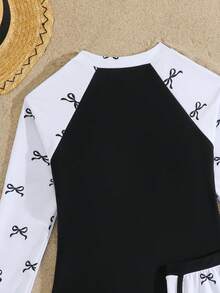 SHEIN Tween Girls Tankini Swimwear,White Cute Bowknot Zipper 2pcs Rash Guard Set,Long Sleeve Top And Shorts,Summer Holiday Pool Party Modest Bathingsuit - Black and White - View 5