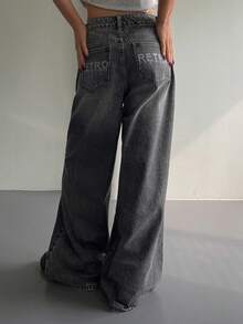 DAZY Quần jeans nữ ống đứng dáng rộng, cạp thường, phong cách đường phố thường ngày. - Xám - Xem 7