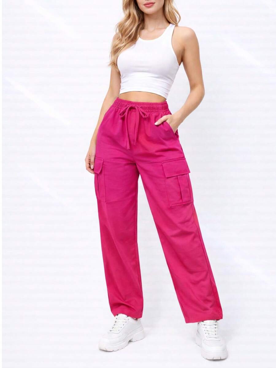 Pantalones cargo largos informales para mujer con detalle de lazo y tejido ligeramente elástico ma1121 - Rosa Fucsia - Ver 1