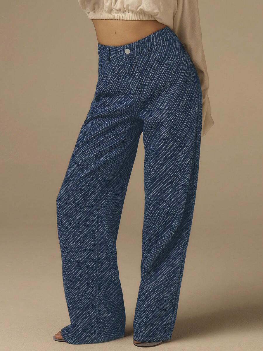 COSMINA 女士休闲日常提花斜插口袋直筒牛仔裤 - 藍色 - 查看 1