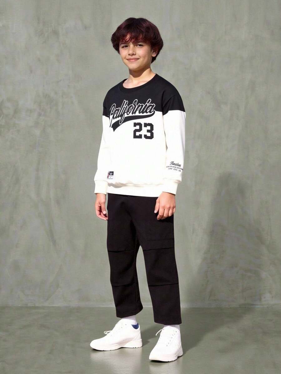 Casuvi Kids 2pcs/Set Toddler Boys' Street Casual Graphic Print Crew Neck Long Sleeve Sweatshirt And Cargo Pants, Suitable For All Seasons - White - View 1