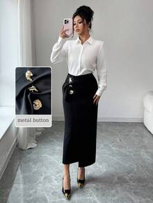 Modelyn 女士黑色针织半身裙，金属扣设计，休闲优雅，春夏款 - 黑色 - 查看 5