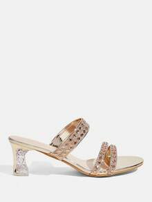 CUCCOO TILAWA Women's Round Toe Patent Leather Gold Rhinestone Strip Decoration Spring And Summer New Fashion Gorgeous Wear Thick Heel High Heel Sandals - Gold - View 12