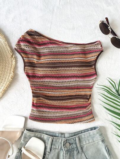 SHEIN Top informal de cuello redondo con rayas de colores para niñas preadolescentes