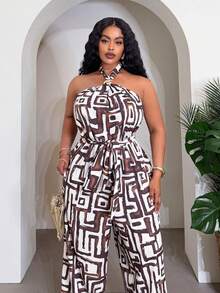 Slaydiva Frühlings-/Sommer-Neuheit, locker sitzender ärmellose Jumpsuit mit Trägerhalsband, Taillenbindung und weitem Bein, abstraktes geometrisches Muster, Wickelkleid in Große Größen für Damen, Rabattcode für Damenkleider "Wow Dress", Jumpsuit in Große Größen, Palazzo-Jumpsuit in Große Größen - Verschiedenfarbig - Übersicht 9
