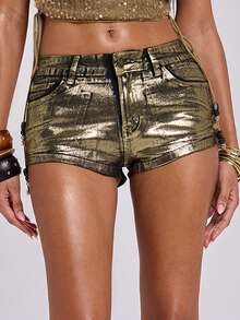 ROMWE Spring/Summer Women's Y2K Baddie Chic Metallic Gold Foil Super Low-Rise Mini Denim Shorts - Black - View 6