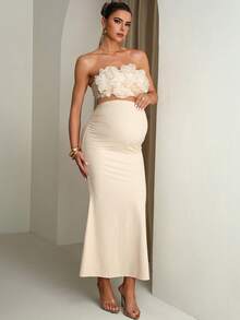 MaterniChic Bộ đồ bầu 2 món thanh lịch gồm áo hai dây lửng màu trơn viền bèo nhún và chân váy đuôi cá có thể điều chỉnh eo. - Màu be - Xem 4