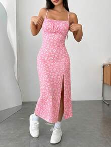 SHEIN EZwear Nuevo vestido de punto con tirantes de espagueti y abertura, con estampado, para mujer, para vacaciones - Rosa - Ver 5