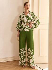 Contrast Botanical Print Shirt And Pants Set, Relaxed Fit, Great For Casual Daily Wear, Holiday, Or Garden Parties, Made Of Breathable Non-Elastic 100% Polyester Fabric - Multicolor - View 5
