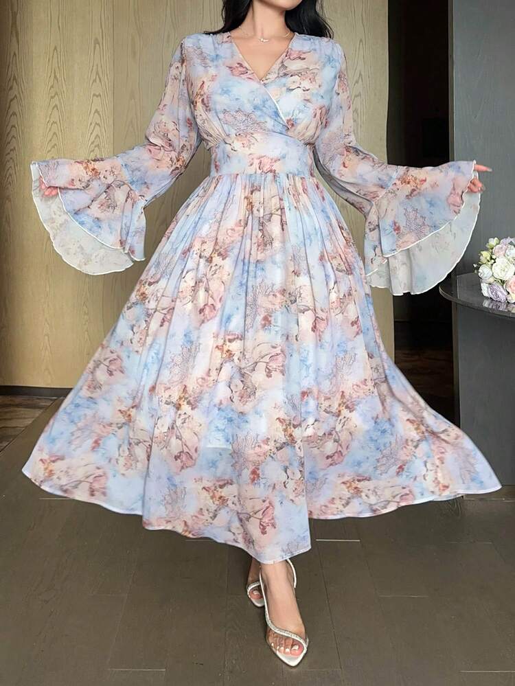 Dazy Plus Chiffon Floral Print V-Neck Waist Cinched Flare Sleeve Elegant Party Maxi Dress, Spring/Summer Plus Size Boho