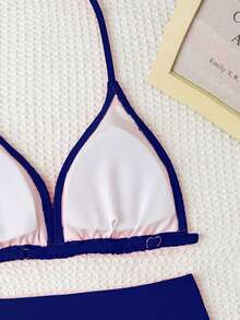SHEIN Teen Girls Solid Navy Blue Knit Bikini Set,Halter Neck Triangle Bottoms,Preppy Style Soft Swimwear For Summer,Beach,Holiday,Pool Parties And Vacation - Blue - View 4
