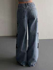 DAZY Quần jeans nữ ống đứng cạp thấp in hình ngôi sao bên hông, kiểu dáng thường ngày. - Rửa trung bình - Xem 5