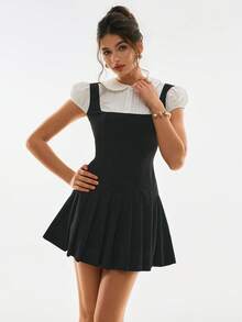 Poéselle Women's Cute Mini Dress With Peter Pan Collar And Puff Sleeves, 2 In 1 - Black and White - View 1
