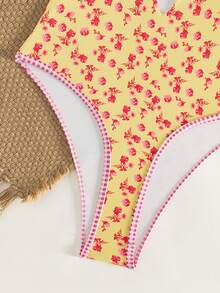 Swim Mod 2026 New Women's Summer Beach Vacation Plaid Floral Print Spaghetti Strap Hollow Back Sexy High Cut One-Piece Swimsuit - Multicolor - View 5