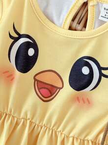 Playful Pals 2pcs/Set Baby GirlCute Duck & Chick Print Short Sleeve A-Line Dress, Suitable For Spring/Summer Outings, Photoshoots Or Everyday Wear - Multicolor - View 5