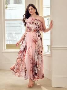 MOTF PREMIUM PLUS SIZE WOMEN'S FLORAL PRINT ASYMMETRICAL NECK PLEATED DRESS, SPRING/SUMMER - Pink - View 6