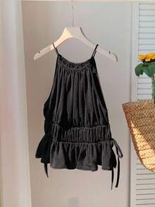 Comfortcana Camiseta sin espalda de color rojo sólido para mujer de talla grande, con lazo lateral, adecuada para usar en la calle y de vacaciones - Negro - Ver 2