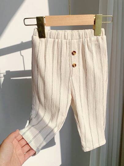 SHEIN Baby Boy Comfortable Casual Versatile All-Match Striped Straight Leg Pants With Button Decor, Suitable For Indoor, Outdoor, Daily Wear, Sports, Play, Party, Photo Shoot, Vacation, Festivals, Spring/Summer