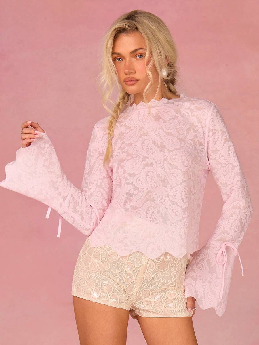 Athîral Women's Spring/Summer Leisure Vacation Long Horn Sleeve Jacquard Knitted Pink Shirt, Pink Top, Romantic Date Top, Holiday Music Festival Dressing, Outward Dressing, Elegant Top, Casual Top, Spring/Summer Dressing, Holiday Dressing - Pink - View 1