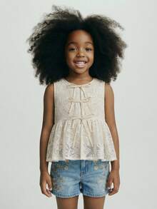 Maija Kids Maija Kids 一件少女休闲宽松刺绣蝴蝶结吊带背心，适合休闲外出、聚会、度假、派对、夏季和春季穿着。 - 杏色 - 查看 8