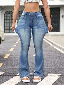 Flexra Jeans de pierna acampanada y elástica de color contrastante para mujer - Azul - Ver 4