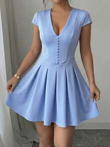 Selianne Vestido de mujer elegante con recogido en la cintura y botones, vestido de uso diario con estilo - Azul - Ver 4