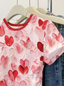 Mom And Me 复古甜美粉色渐变爱心印花图案，少女简约圆领收腰修身短袖T恤，春夏百搭 - 彩色 - 查看 5