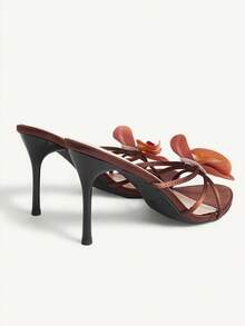 CUCCOO CHICEST Giày sandal cao gót mũi nhọn mỏng màu nâu cà phê họa tiết hoa, thời trang thanh lịch dành cho nữ, mẫu mới mùa hè. - Cà phê nâu - Xem 7